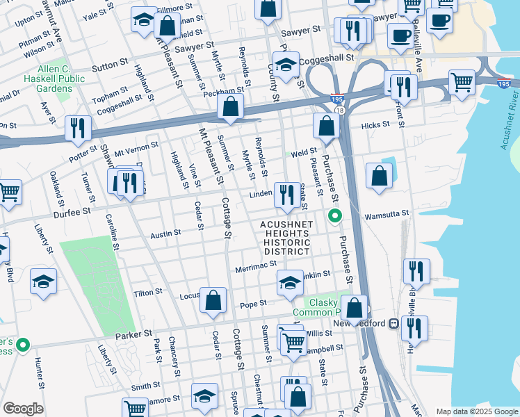 map of restaurants, bars, coffee shops, grocery stores, and more near 21 Ashland Place in New Bedford