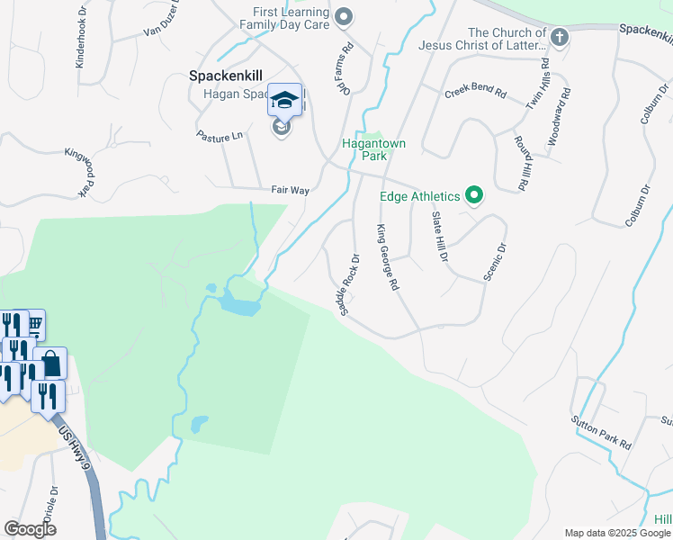 map of restaurants, bars, coffee shops, grocery stores, and more near 7 Bridle Lane in Poughkeepsie