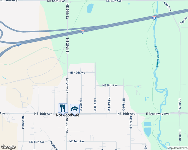 map of restaurants, bars, coffee shops, grocery stores, and more near 4880 Northeast 31st Street in Des Moines
