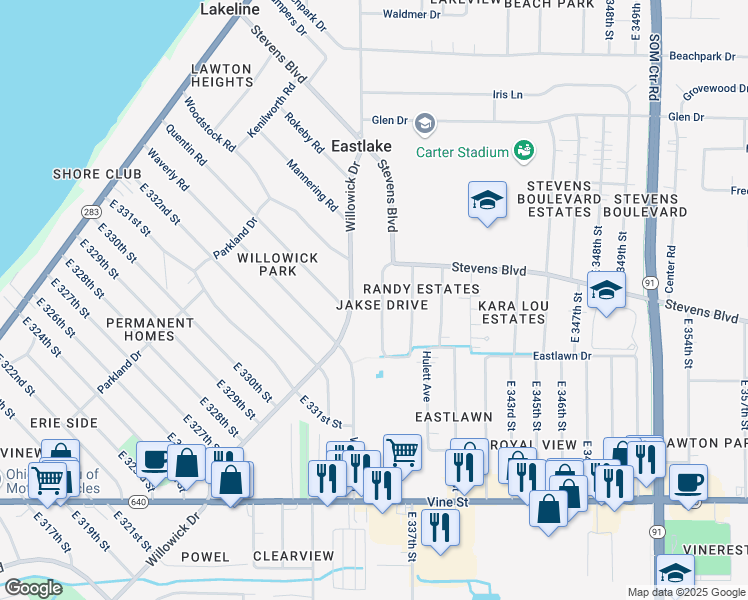 map of restaurants, bars, coffee shops, grocery stores, and more near 1244 Jakse Drive in Eastlake