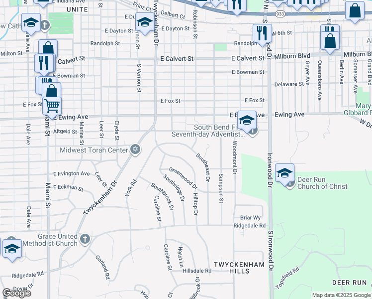 map of restaurants, bars, coffee shops, grocery stores, and more near 1630 Southeast Drive in South Bend