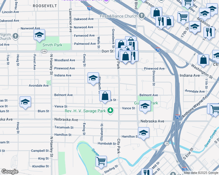 map of restaurants, bars, coffee shops, grocery stores, and more near 832 Sheridan St in Toledo