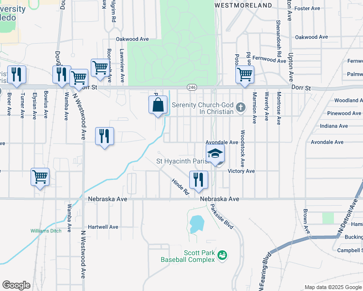 map of restaurants, bars, coffee shops, grocery stores, and more near 2269 Avondale Avenue in Toledo