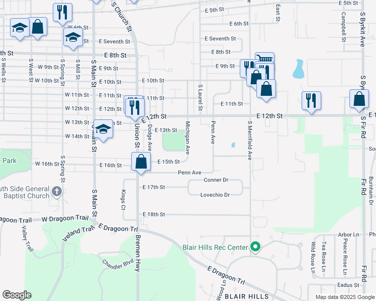 map of restaurants, bars, coffee shops, grocery stores, and more near 1364 Michigan Ave in Mishawaka