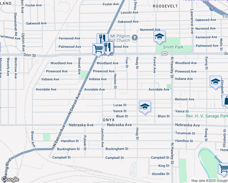 map of restaurants, bars, coffee shops, grocery stores, and more near 1303 Avondale Avenue in Toledo