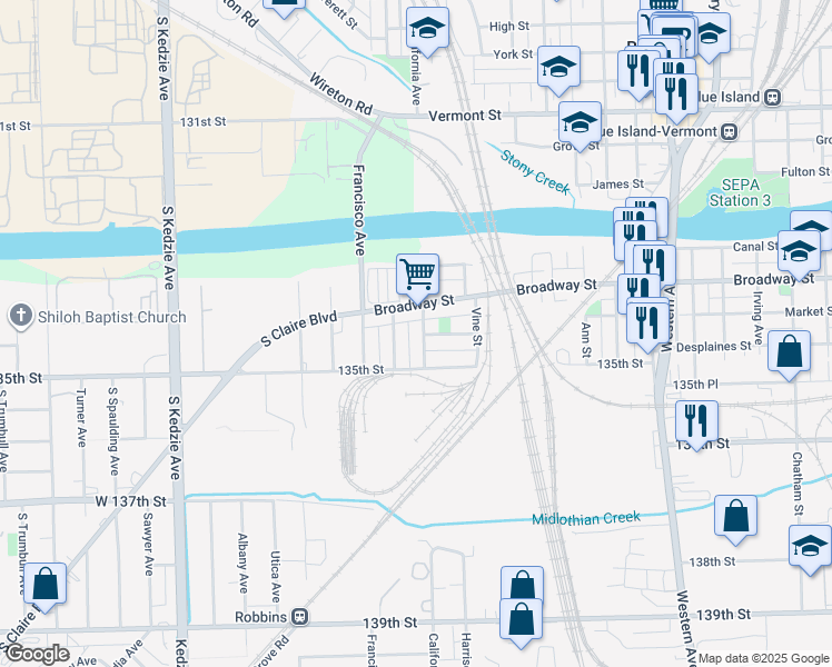 map of restaurants, bars, coffee shops, grocery stores, and more near 13426 California Avenue in Blue Island