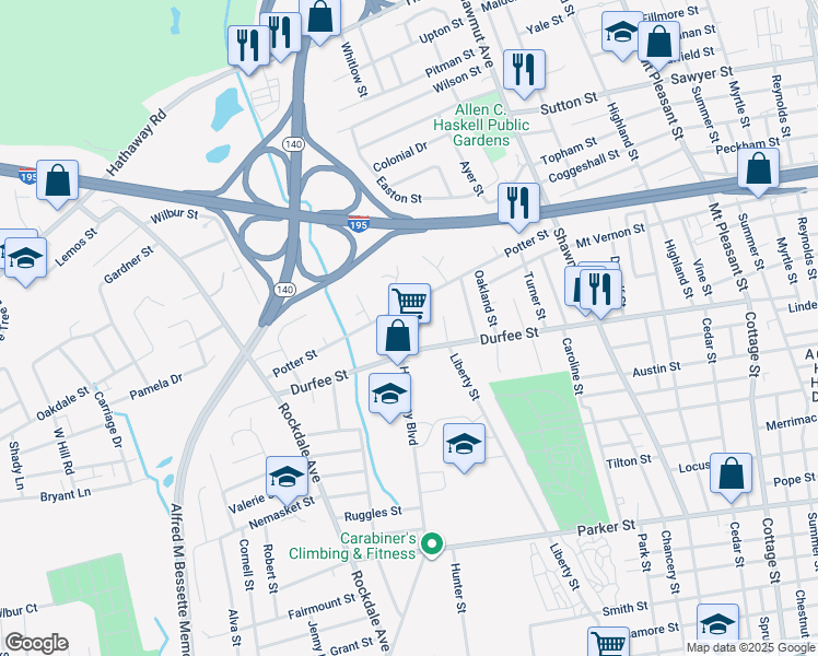 map of restaurants, bars, coffee shops, grocery stores, and more near 340 Hathaway Boulevard in New Bedford