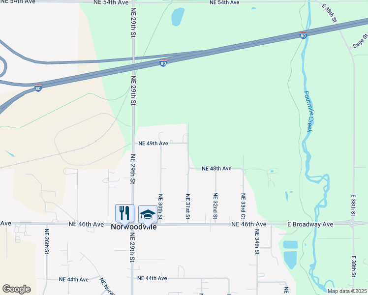 map of restaurants, bars, coffee shops, grocery stores, and more near 4880 Northeast 31st Street in Des Moines