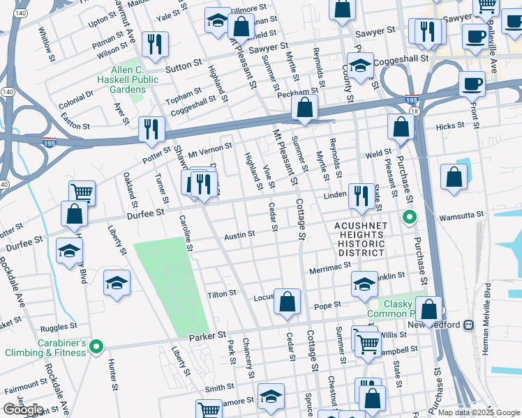 map of restaurants, bars, coffee shops, grocery stores, and more near 17 Trinity Street in New Bedford