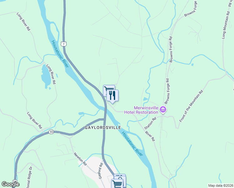 map of restaurants, bars, coffee shops, grocery stores, and more near 12 South Kent Road in New Milford