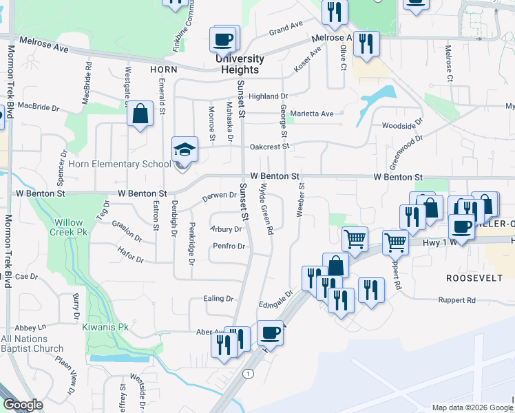 map of restaurants, bars, coffee shops, grocery stores, and more near 901 Wylde Green Road in Iowa City