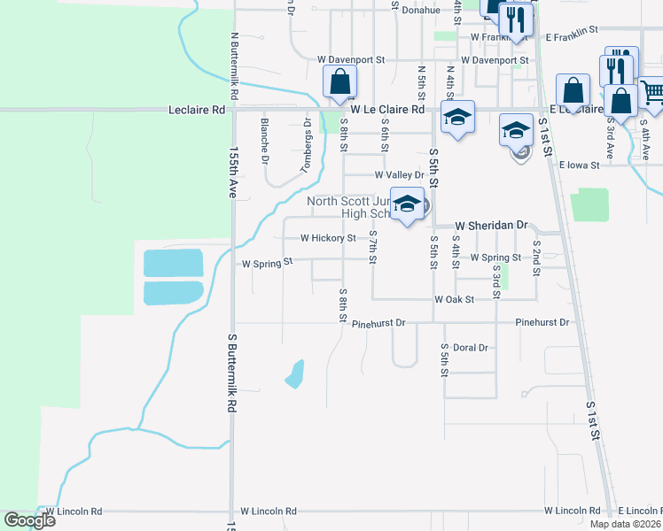 map of restaurants, bars, coffee shops, grocery stores, and more near 701 South 8th Street in Eldridge