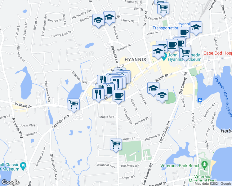 map of restaurants, bars, coffee shops, grocery stores, and more near 615 Main Street in Barnstable