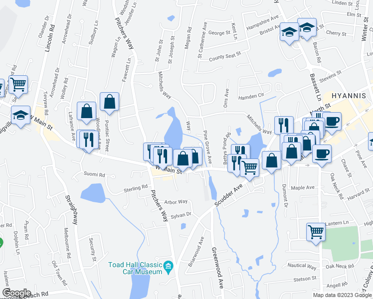 map of restaurants, bars, coffee shops, grocery stores, and more near 148D West Main Street in Barnstable