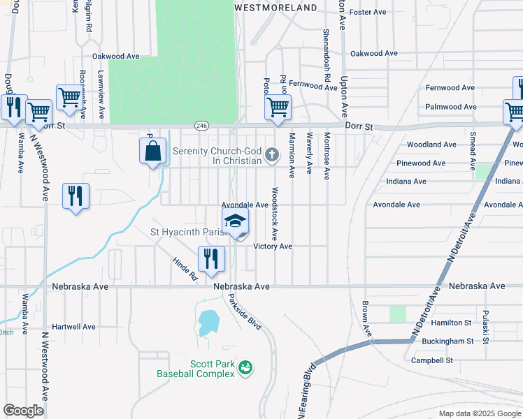 map of restaurants, bars, coffee shops, grocery stores, and more near 830 Evesham Ave in Toledo