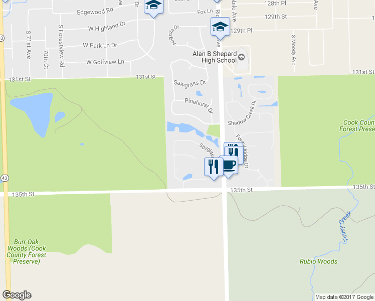 map of restaurants, bars, coffee shops, grocery stores, and more near 2803 Medinah Court in Palos Heights