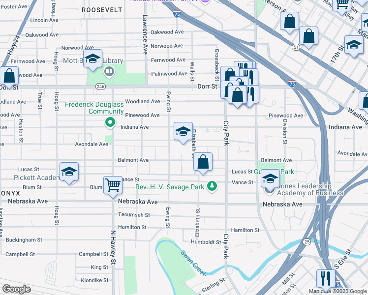 map of restaurants, bars, coffee shops, grocery stores, and more near 707 Avondale Avenue in Toledo