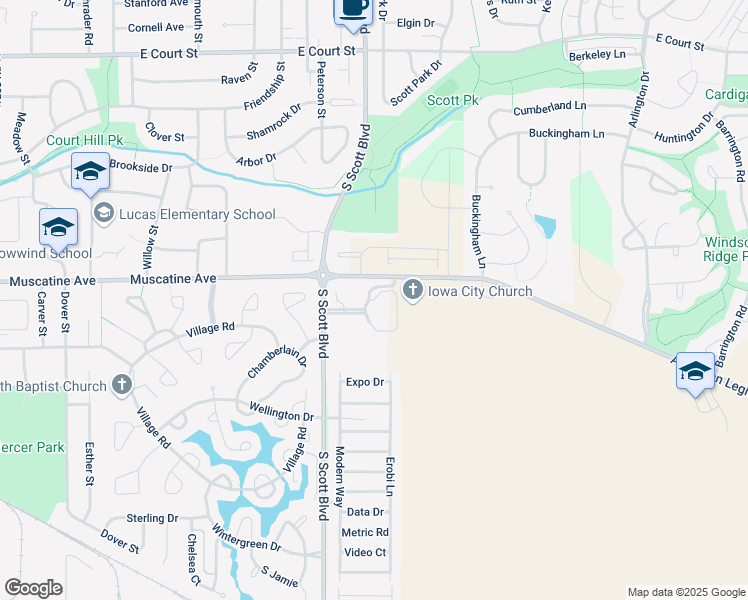 map of restaurants, bars, coffee shops, grocery stores, and more near Silvercrest Circle in Iowa City