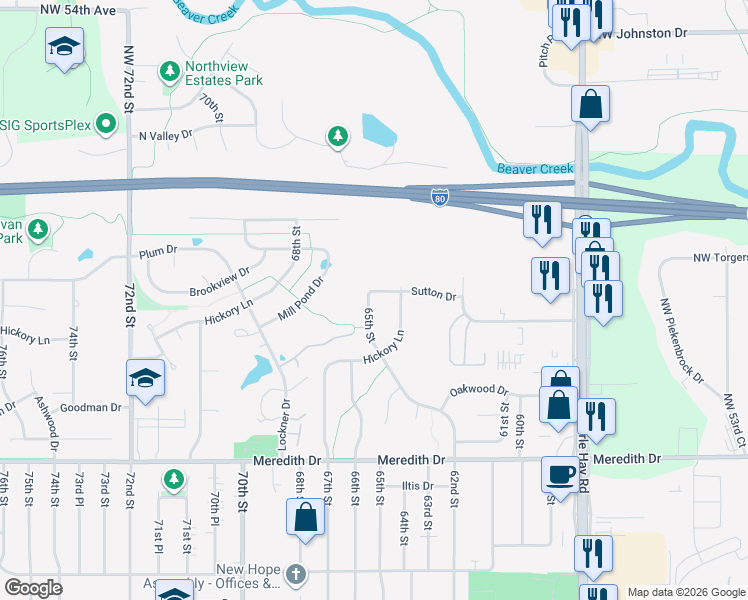 map of restaurants, bars, coffee shops, grocery stores, and more near 6418 Sutton Drive in Urbandale