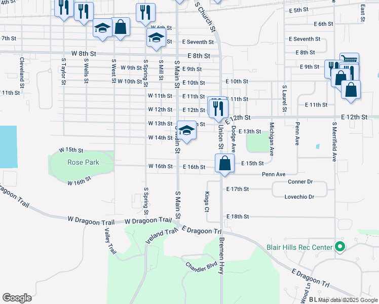map of restaurants, bars, coffee shops, grocery stores, and more near 1402 South Main Street in Mishawaka