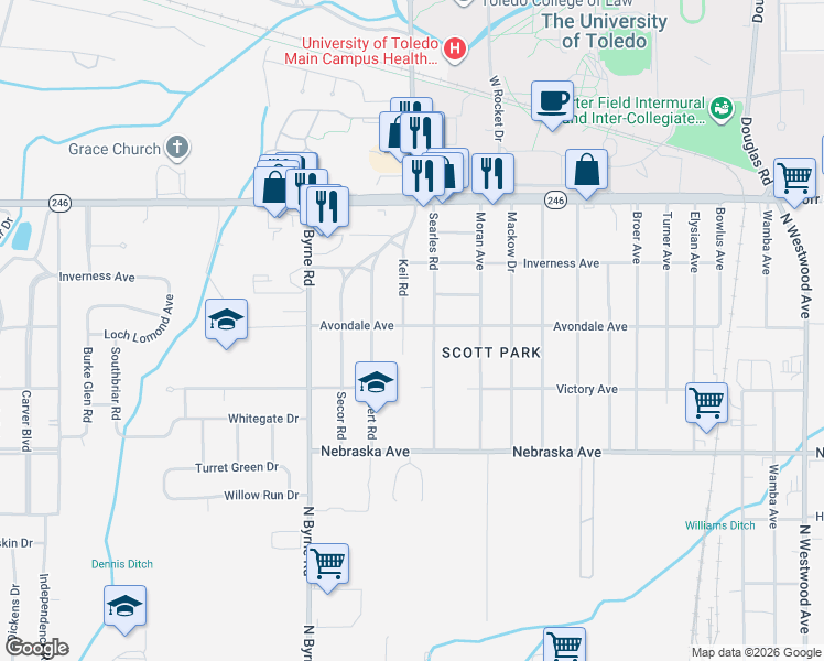 map of restaurants, bars, coffee shops, grocery stores, and more near 834 Keil Rd in Toledo