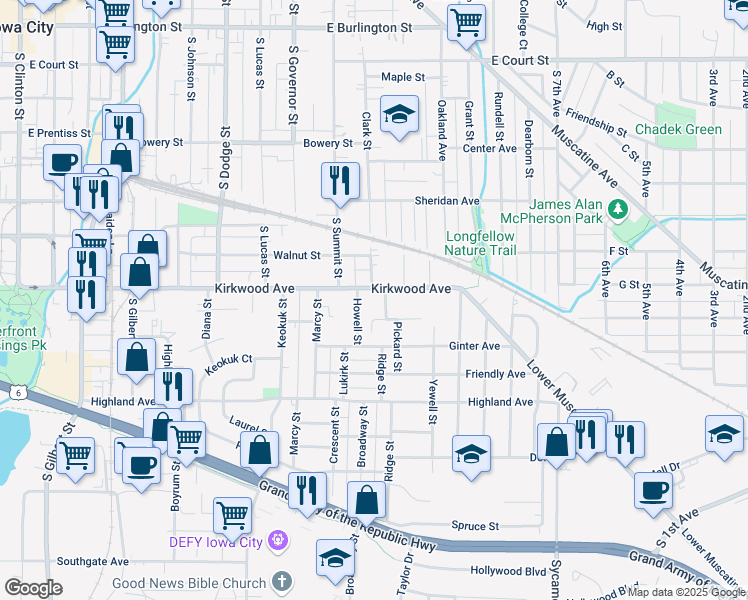 map of restaurants, bars, coffee shops, grocery stores, and more near 1101 Kirkwood Avenue in Iowa City