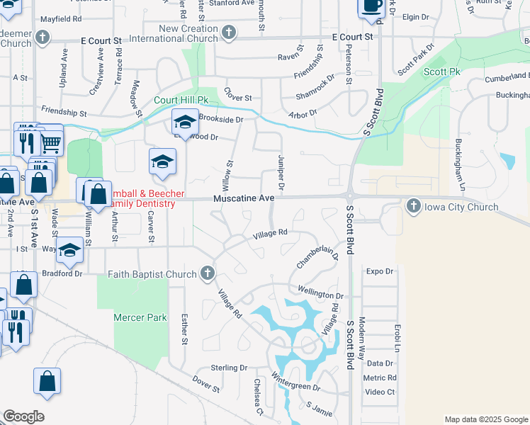 map of restaurants, bars, coffee shops, grocery stores, and more near 1011 Village Green Boulevard in Iowa City