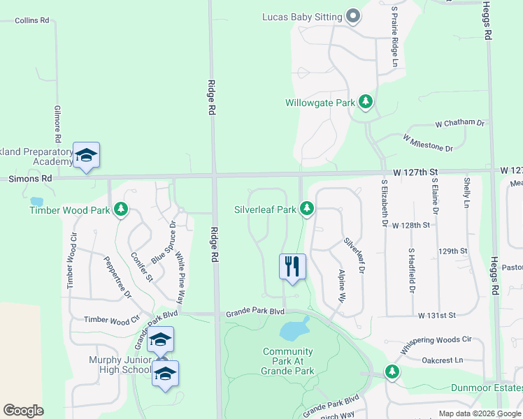 map of restaurants, bars, coffee shops, grocery stores, and more near 26615 Silverleaf Drive in Plainfield