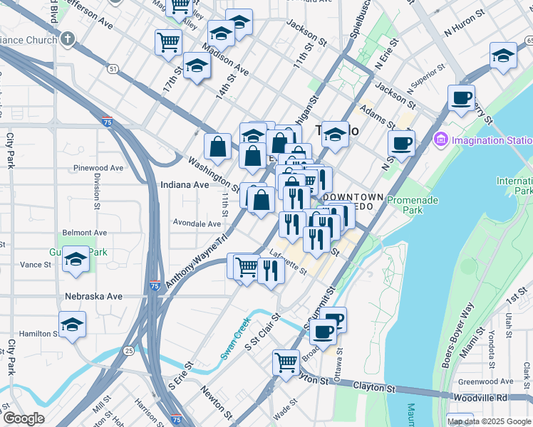 map of restaurants, bars, coffee shops, grocery stores, and more near 801 Washington Street in Toledo
