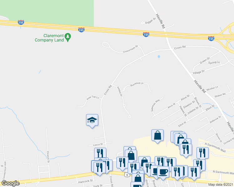 map of restaurants, bars, coffee shops, grocery stores, and more near 10 Azalea Drive in Dartmouth