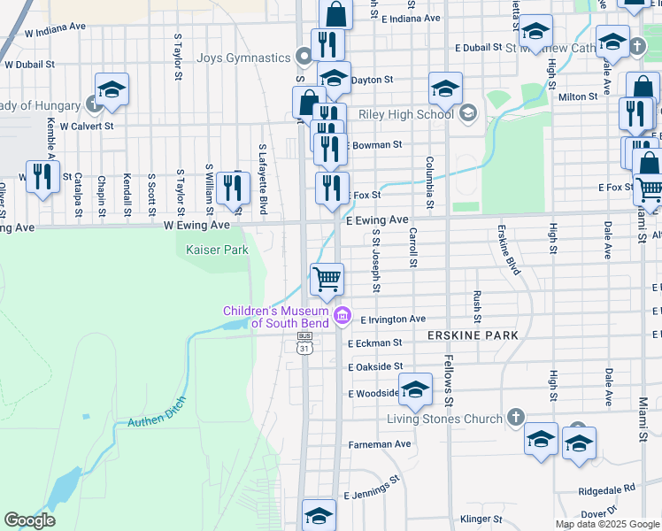 map of restaurants, bars, coffee shops, grocery stores, and more near 2421 South Michigan Street in South Bend