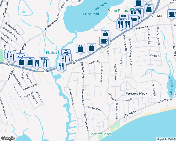 map of restaurants, bars, coffee shops, grocery stores, and more near 23 Thatcher Road in Yarmouth