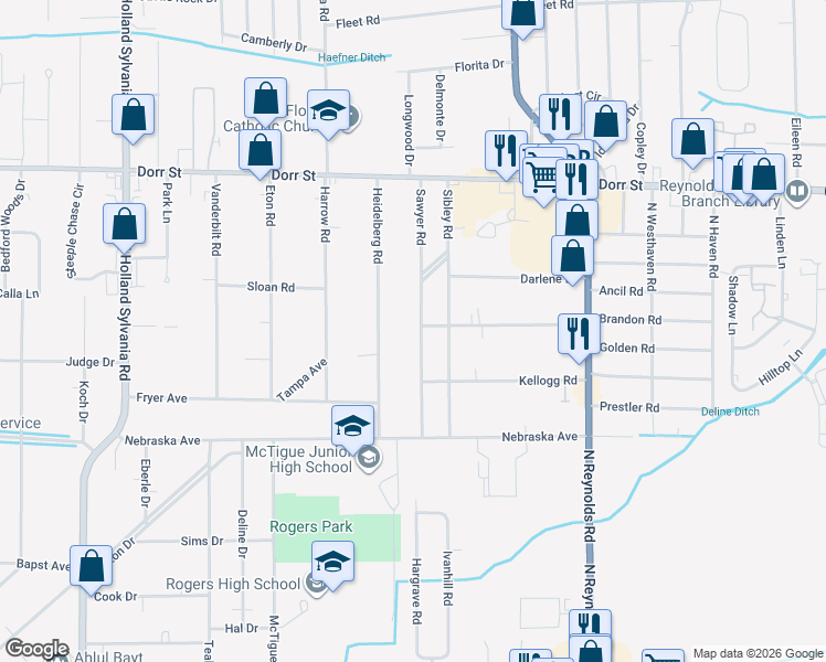 map of restaurants, bars, coffee shops, grocery stores, and more near 851 Sawyer Rd in Toledo