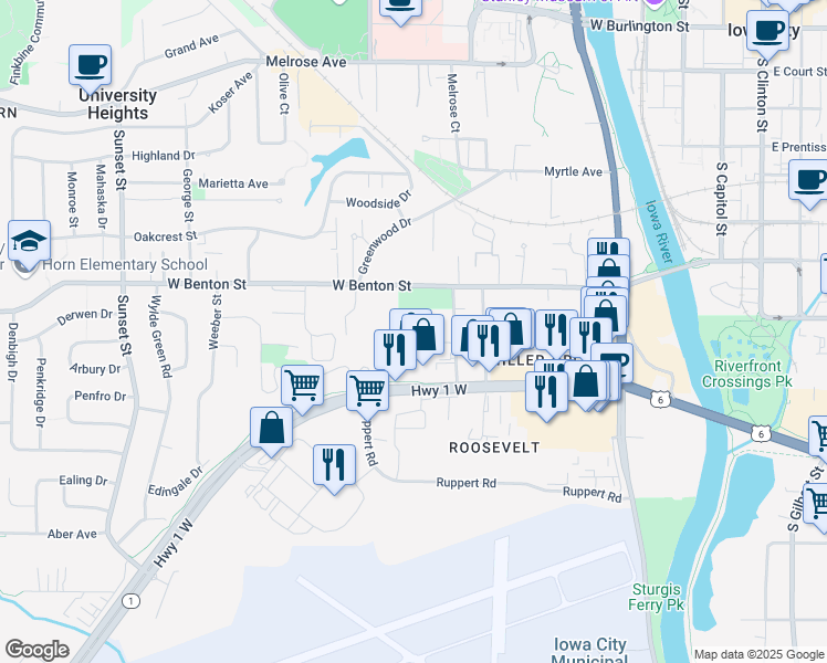 map of restaurants, bars, coffee shops, grocery stores, and more near 107 Prairie Hill Lane in Iowa City