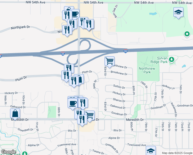 map of restaurants, bars, coffee shops, grocery stores, and more near 8400 Plum Drive in Urbandale