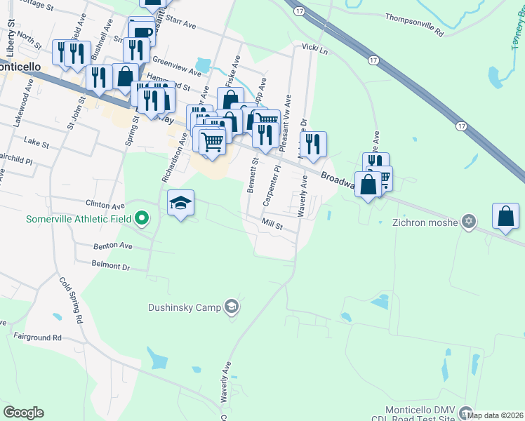 map of restaurants, bars, coffee shops, grocery stores, and more near 38 Carpenter Pl in Monticello