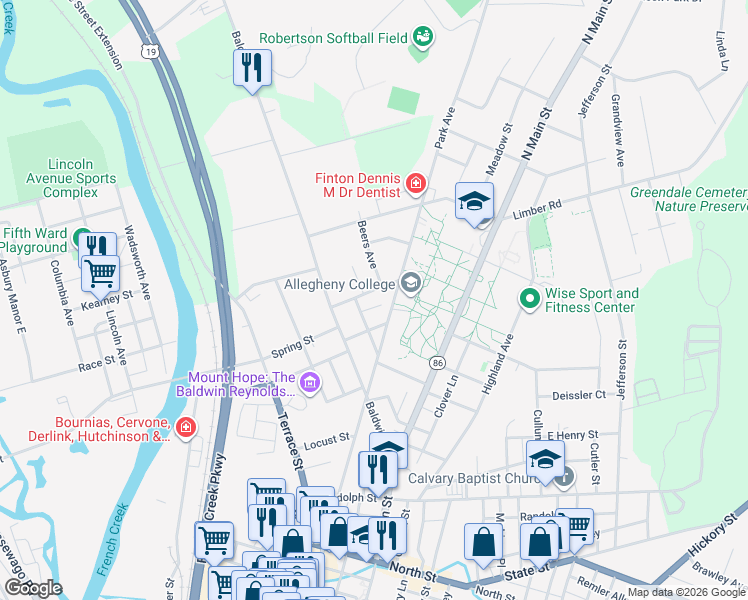map of restaurants, bars, coffee shops, grocery stores, and more near 296-322 Prospect St in Meadville