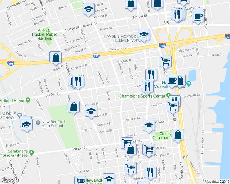 map of restaurants, bars, coffee shops, grocery stores, and more near 20 Collins Street in New Bedford