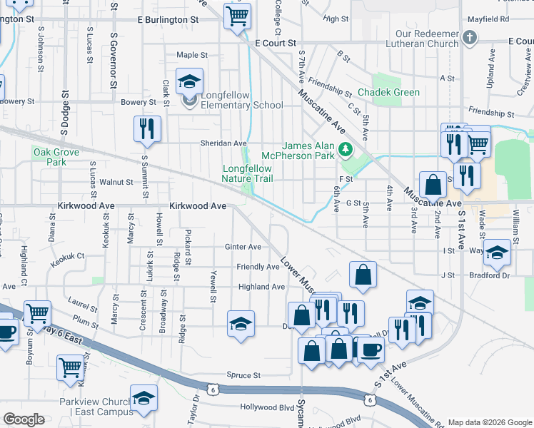 map of restaurants, bars, coffee shops, grocery stores, and more near 1105 Pine Street in Iowa City