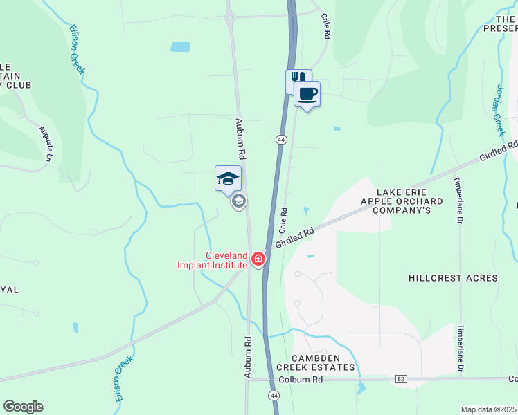 map of restaurants, bars, coffee shops, grocery stores, and more near 8159 Auburn Road in Painesville