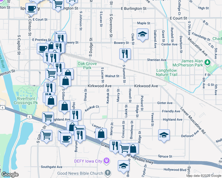 map of restaurants, bars, coffee shops, grocery stores, and more near 829 Kirkwood Avenue in Iowa City
