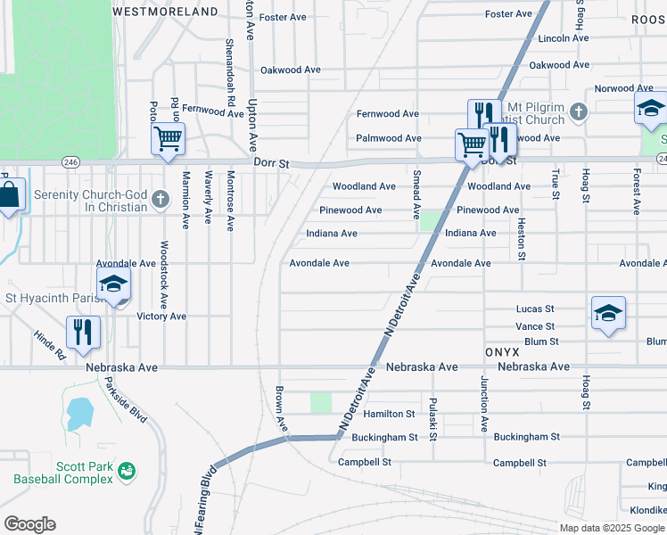 map of restaurants, bars, coffee shops, grocery stores, and more near 1661 Avondale Avenue in Toledo