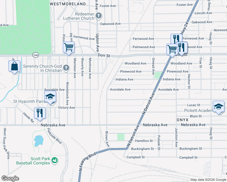 map of restaurants, bars, coffee shops, grocery stores, and more near 1701 Avondale Avenue in Toledo