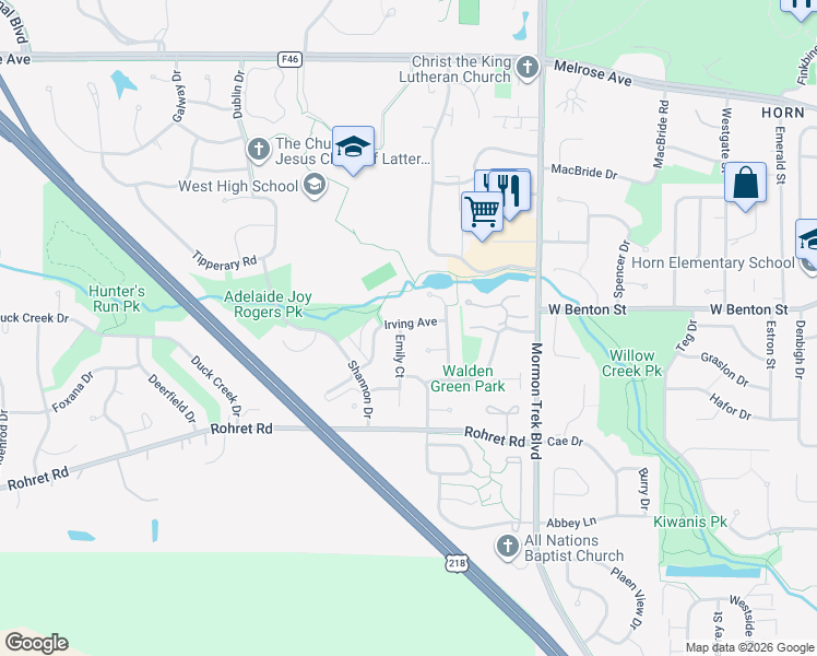 map of restaurants, bars, coffee shops, grocery stores, and more near 1104 Emily Court in Iowa City