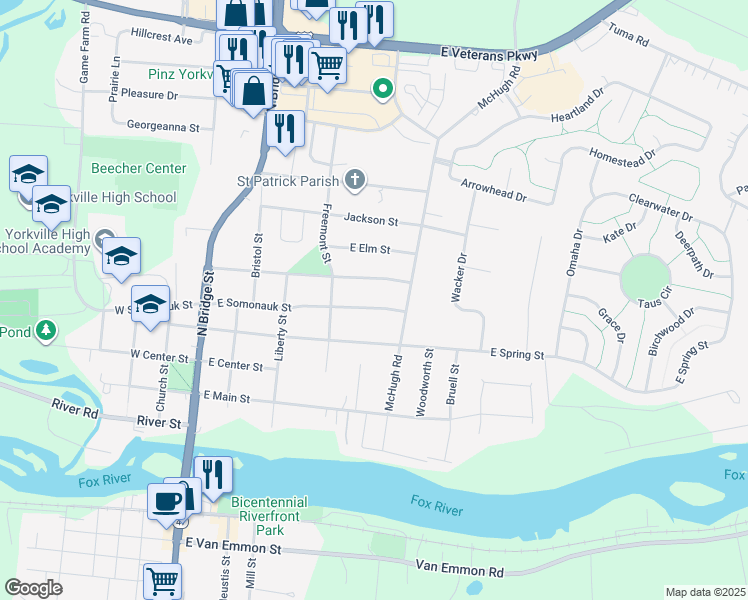 map of restaurants, bars, coffee shops, grocery stores, and more near 411 East Somonauk Street in Yorkville