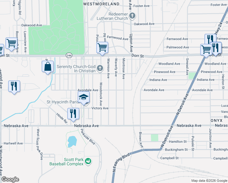 map of restaurants, bars, coffee shops, grocery stores, and more near 831 Waverly Avenue in Toledo