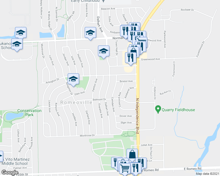 map of restaurants, bars, coffee shops, grocery stores, and more near 513 Dalhart Avenue in Romeoville