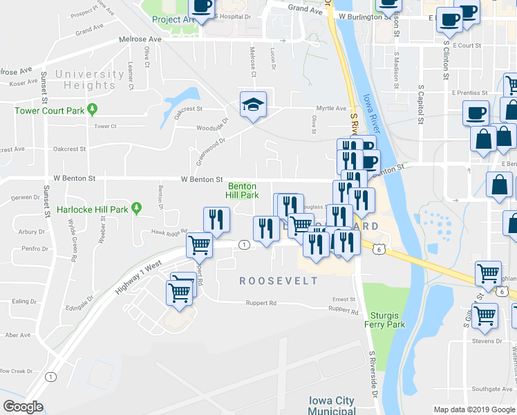 map of restaurants, bars, coffee shops, grocery stores, and more near 940 Miller Avenue in Iowa City