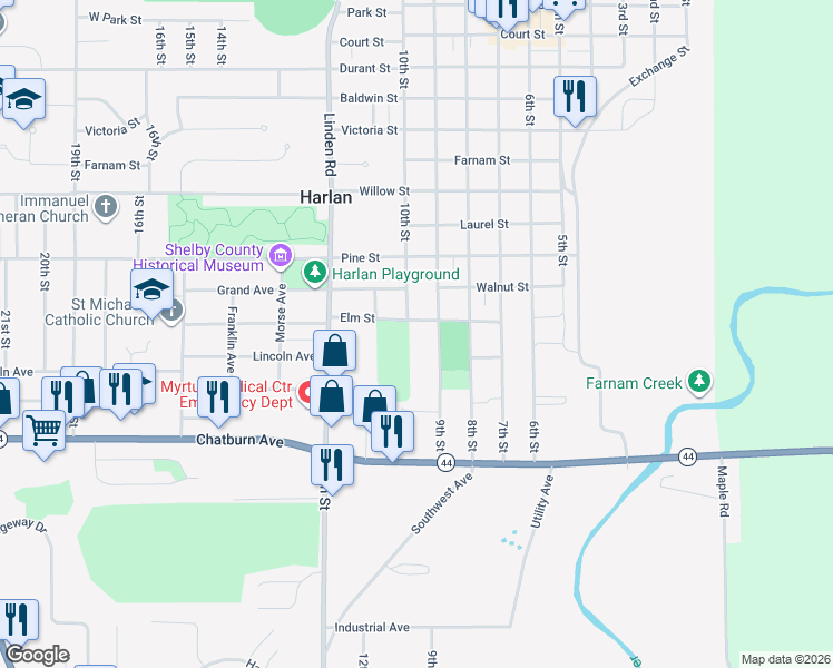 map of restaurants, bars, coffee shops, grocery stores, and more near 909 Elm Street in Harlan