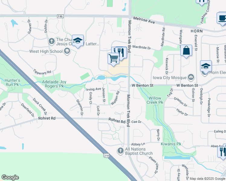map of restaurants, bars, coffee shops, grocery stores, and more near 2529 Sylvan Glen Court in Iowa City